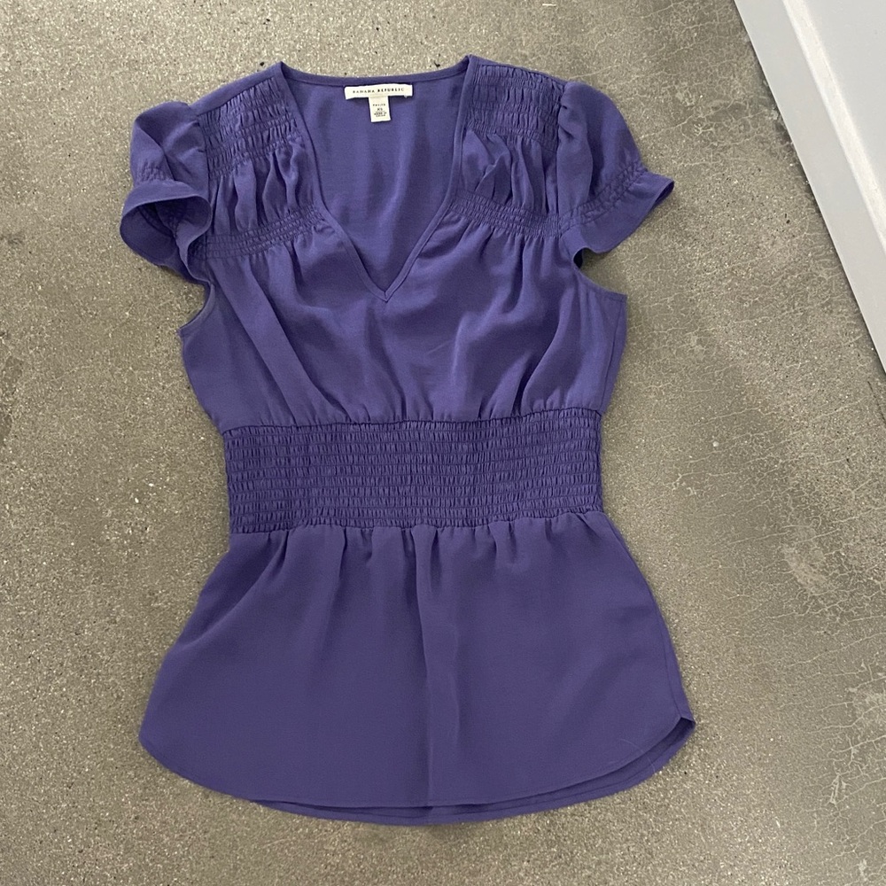 Banana Republic Purple Smocked-Waist V-Neck Blouse